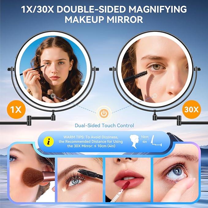 10'' 30X/1X Wall Mounted Lighted Makeup Mirror, 5000mAh Rechargeable Double-Sided Magnifying Mirror with Light, LED Vanity Mirror Touch Dimmable 3 Colors 360° Rotation Extended Foldable Arm, Black
