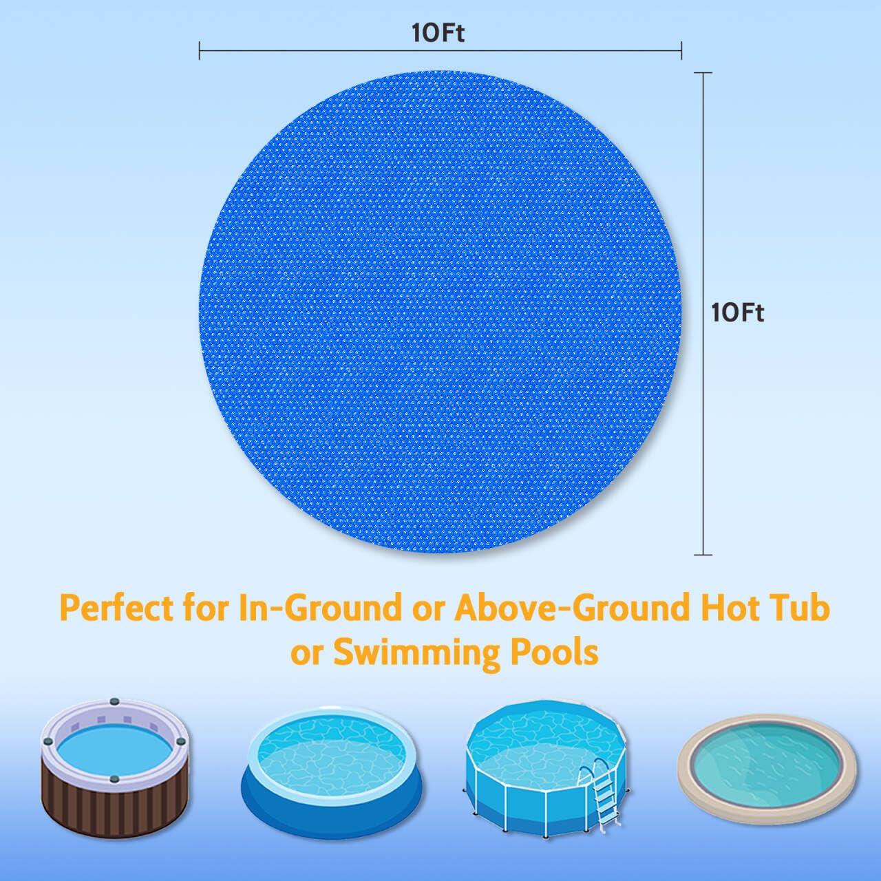 ALLAreN Solar Pool Cover 10 Foot Round, 10 Mil Blue Bubble Pool Blanket Heat Retention, Circle Thermal Cover for Above Ground Inground Pools and SPA Hot Tubs
