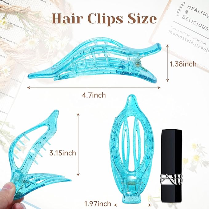 French Flat Hair Clips for Women - 6Pcs Flat Hair Claws for Thin Thick Hair Strong Hold No Slip Grip Hair Claw Clips for Women Girls (Sequins (L:4.6 IN, W:1.97IN))