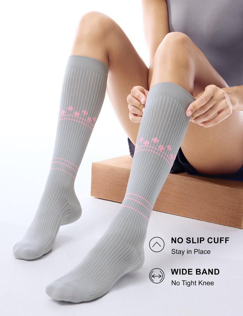 FITRELL 3 Pairs Compression Socks for Women and Men 20-30mmHg- Support Socks for Travel, Running, Nurse, Knee High Socks, Grey+Lavender+Pink S/M