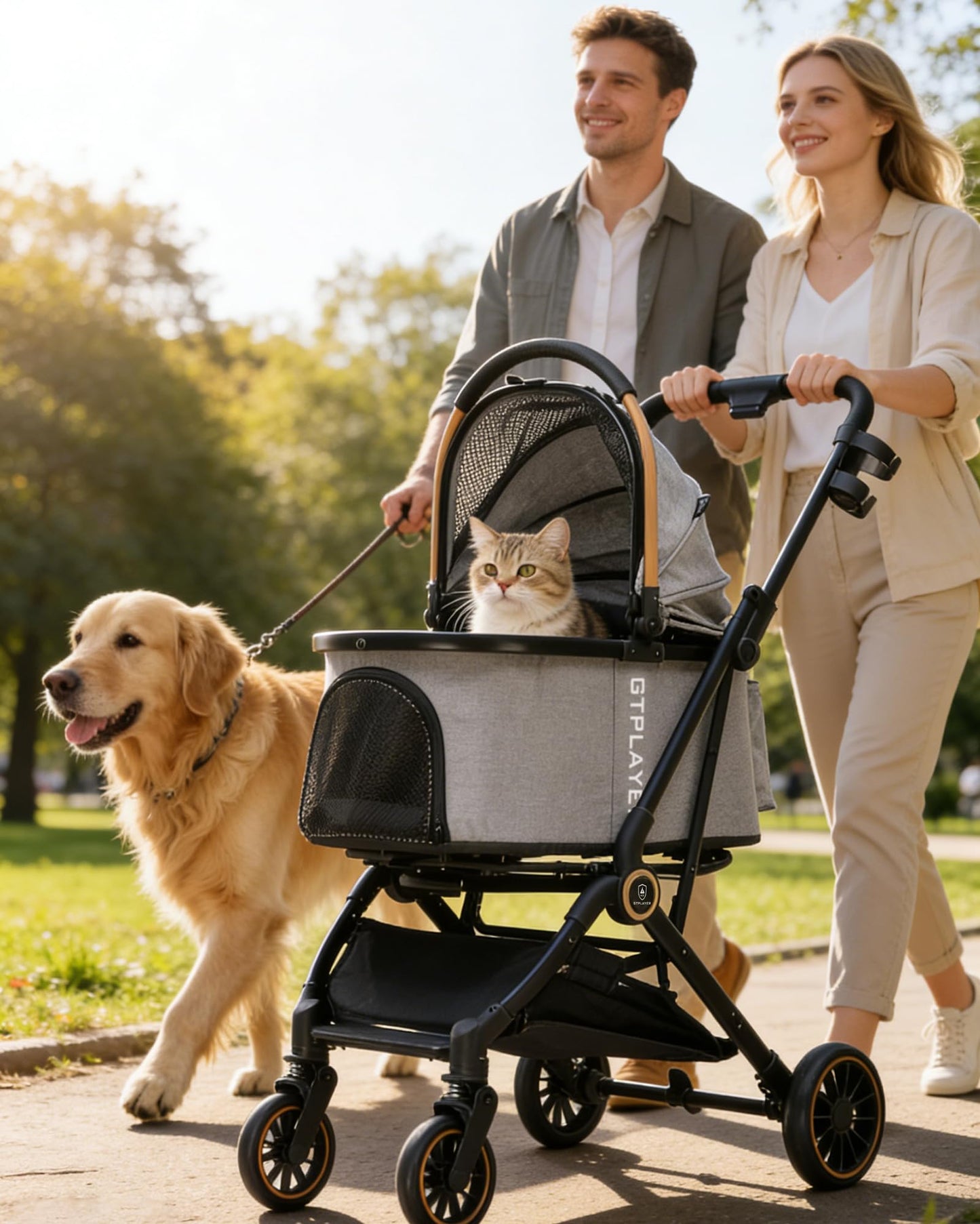 GTPLAYER Pet Stroller for Small Dogs and Cats, One-Click Foldable, Detachable Carrier, Breathable Mesh, 45 lbs Capacity, 2 Safety Leashes, Storage Basket & Cup Holder, Grey