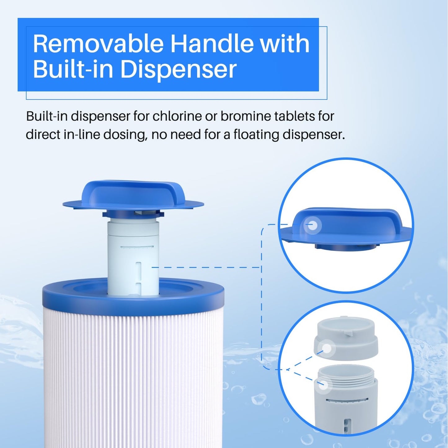 POOLPURE 6CH-940RP Removable Handle Spa Filter Replaces PWW50P3(1 1/2" Coarse Thread), 6CH-940, 817-0050, Filbur FC-0359, 25252, with Built-in Chlorine Dispenser, Screw in SAE Thread Filter 2Pack