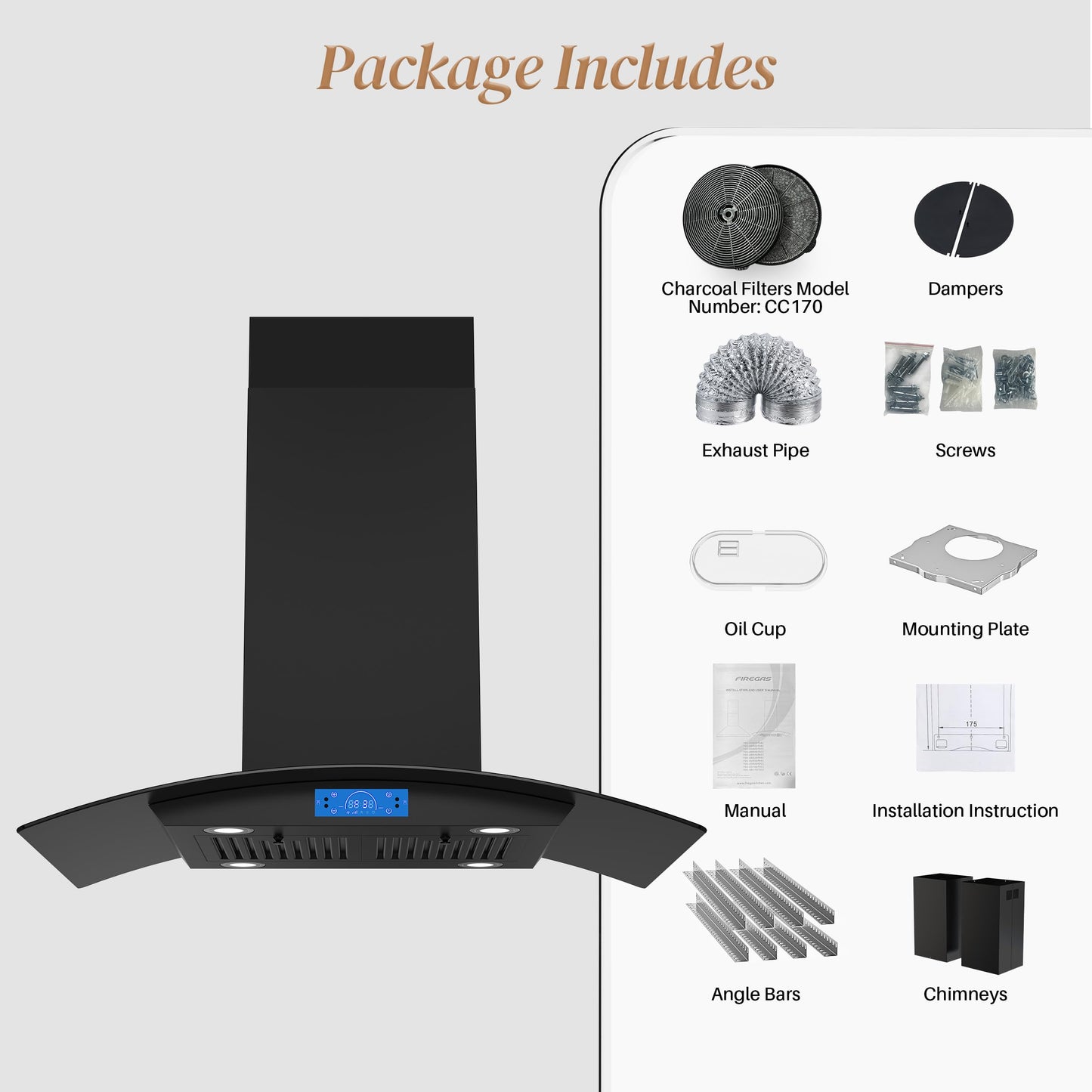 FIREGAS Black Island Range Hood 36 Inch, 700 CFM Ductless/Ducted Ceiling Mount Range Hood with 3 Speed Fan, Gesture, Remote & Touch Control, LED Light Vent Hood for Kitchen