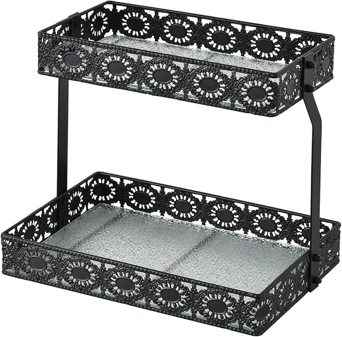 xiaojuande-Two Layer Glass Storage Tray with Portable Dressing Table Skin Care Product Organization Rack Corner Storage Rack for Bathroom Counter High-end Light - (Black)