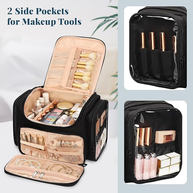 Large Makeup Bag with Jewelry Organizer, Travel Toiletry Bag for Women Girls with Makeup Brush Compartment & Two Side Pockets - XL Black