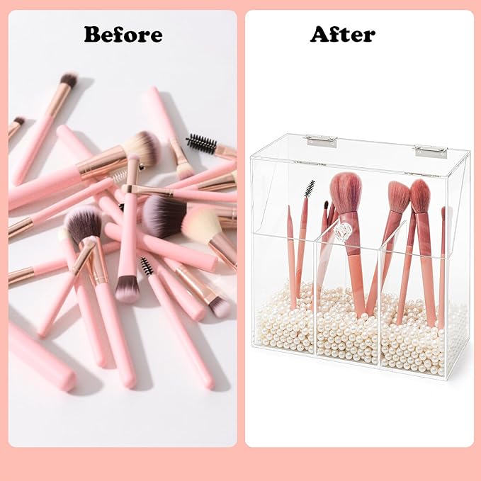 Okllen Makeup Brush Holder with Dustproof Lid, White Pearls, Acrylic Clear Makeup Brush Organizer with 3 Compartment, Large Cosmetic Brush Storage Box Case for Vanity, Bathroom, Bedroom