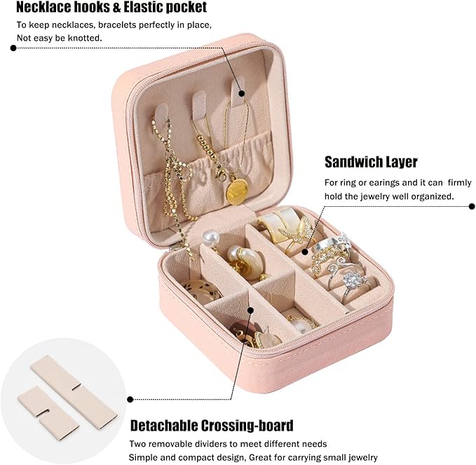 MODENGKONGJIAN Mini Jewelry Travel Case, PU Leather Organizer Box, Small Portable Jewellery Storage Holder for Womens Rings Earrings Necklaces Bracelets (Pink)