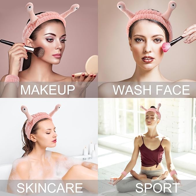 SuPoo 3pcs Snail Face Wash Headband, Wristband and Hair Wrap Set - Funny Pink Puffy Makeup Headbands, Cute Spa Towels and Hair Accessory