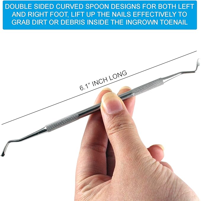 Ingrown Toenail Removal Kit - Under Nail Cleaner Tool Double Ended Nail Lifter & Nail File Cleaning Scooper Curette Tools Trimmer Medical Grade Stainless Steel Manicure Pedicure Nail Care Set by Krisp
