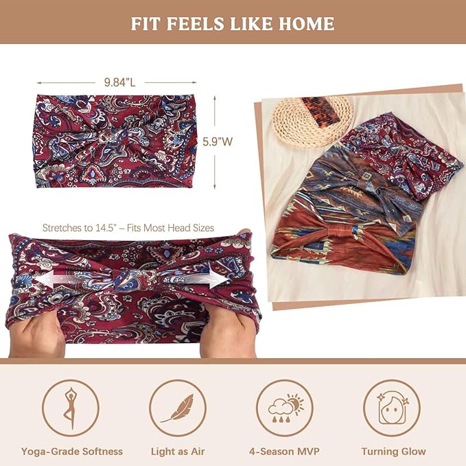 Awumbuk Wide Headbands for Women Knotted No Slip Head Bands Soft Turban Headband Hair Accessories Boho African Solid Color Head Wraps for Women Yoga Workout Pack of 6