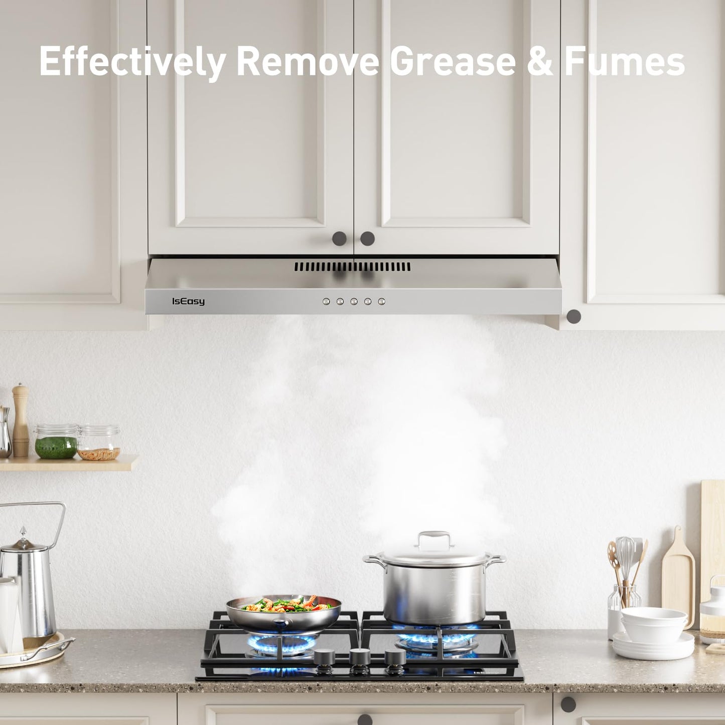 Range Hood 30 Inch, IsEasy Under Cabinet Range Hood, Ducted/Ductless Convertible, Kitchen Vent Hood 30 Inch with 3-Speed Exhaust Fan, Stainless Steel, LED Light and Reusable Charcoal Filter