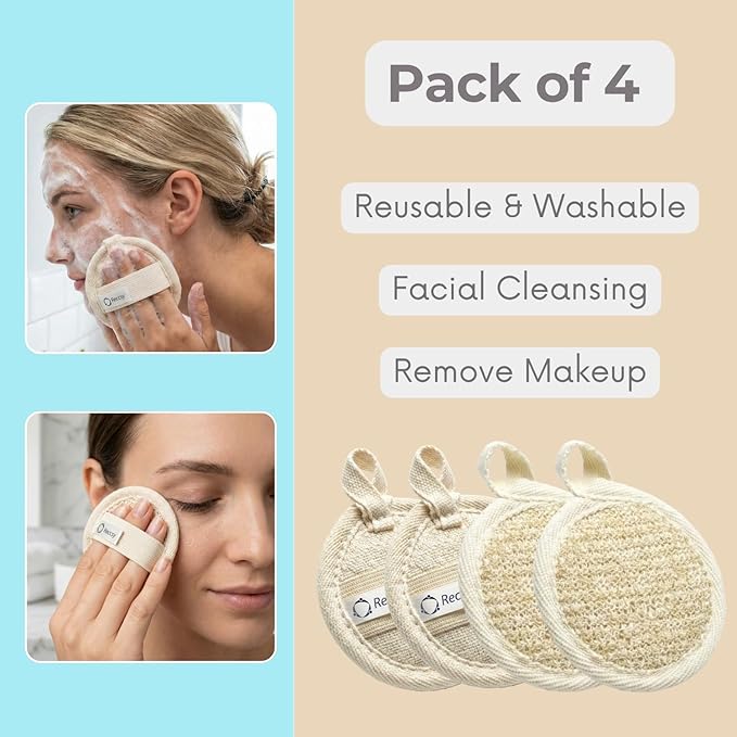 Reccsy Face Brush Set - Soft Natural Bristle Facial Dry Brush for Lymphatic Drainage & Face Exfoliator Brush - Includes 4 Reusable Cleansing Pads