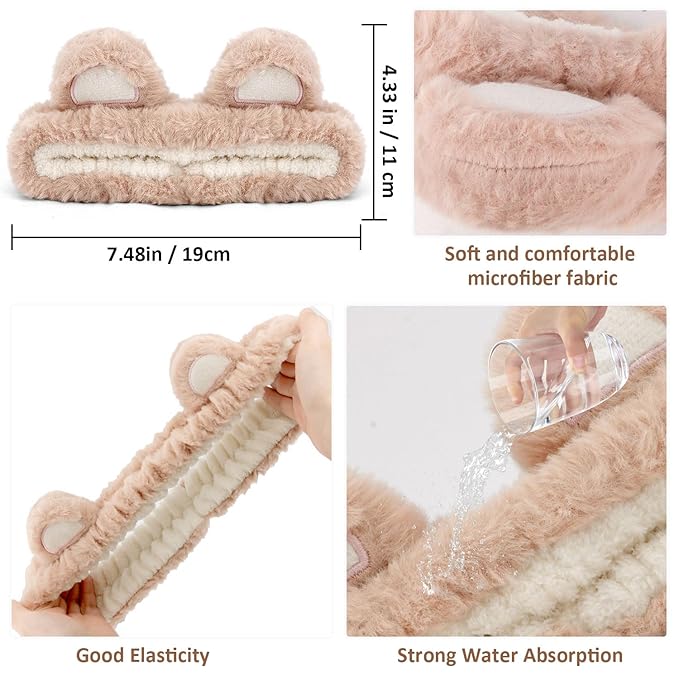 Bear Ears Spa Wristband Set - Cute Animal Skincare Headband for Washing Face - Fluffy Elastic Face Wash Hair Band for Women & Girls - Trendy Stuff (White Khaki)