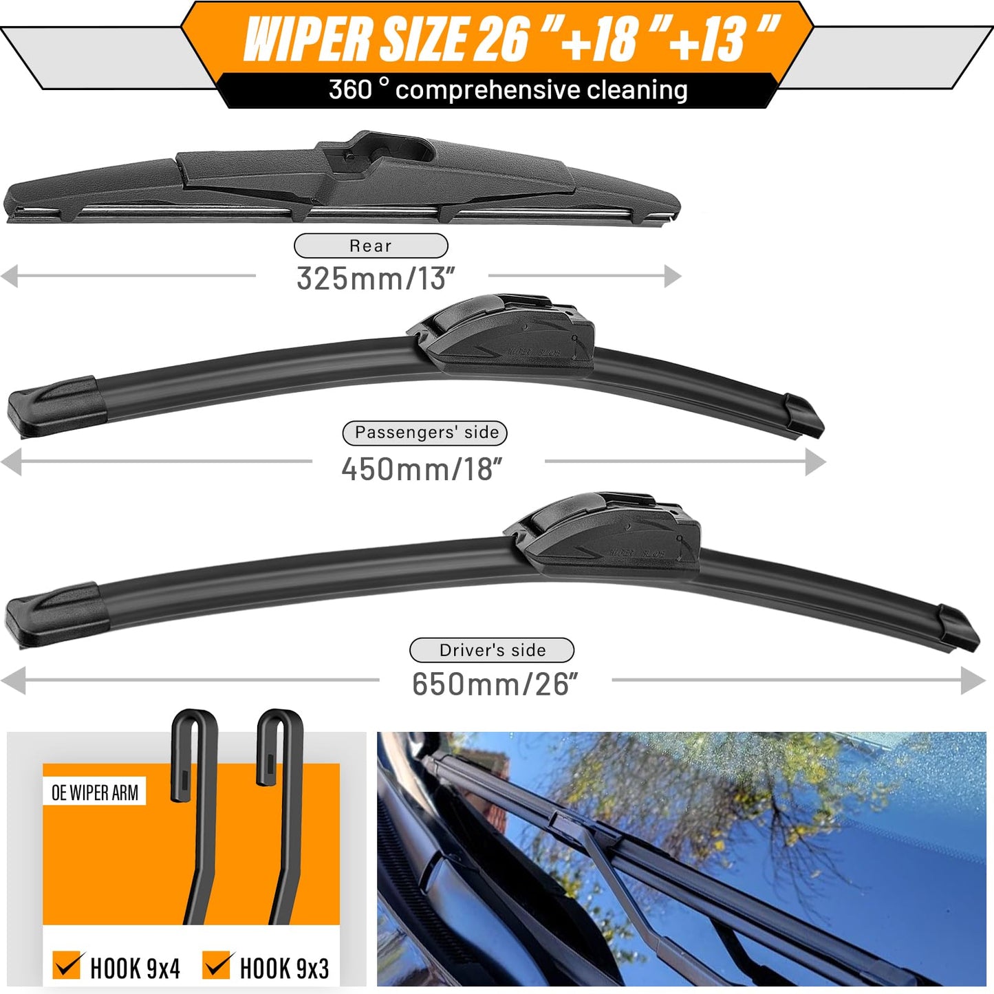AUTOBOO 3-Pack Windshield Wiper Blades for Kia Telluride 2020-2025 Kia Sedona 2015-2021, Original Equipment Replacement 26"+18" Front and 13" Rear, All-Weather Performance, Easy One-Click Install
