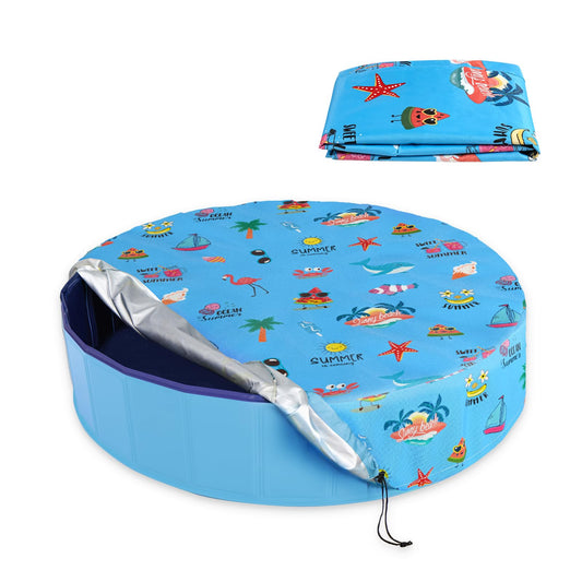 Docuwee Round Pool Cover 48", Foldable Kiddie Solar Cover Fit Dog Swimming Pool, Pets Kids Bath Tub, Anti-UV Dustproof Safety Pool Covers with Summer Beach Patterns