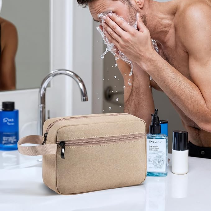 Travel Hanging Toiletry Bag with Carry Handle - Water-Resistant Small Cosmetic Organizer for Men & Women, Makeup, Shaving Kit, Gym & Travel Essentials (Khaki)