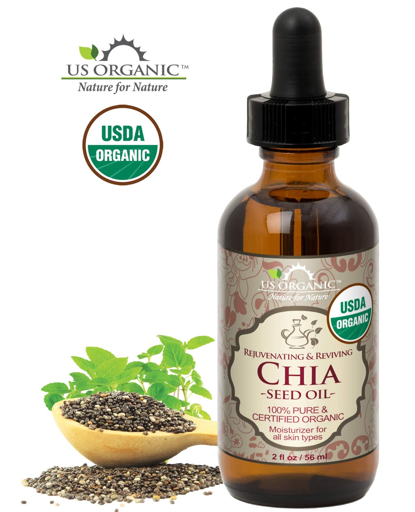 US Organic Chia Seed Oil, Certified Organic, Pure & Natural, Cold Pressed Virgin, Unrefined, Sourced from Paraguay, in Amber Glass Bottle w/Glass Eyedropper for Easy Application (2 oz (56 ml))