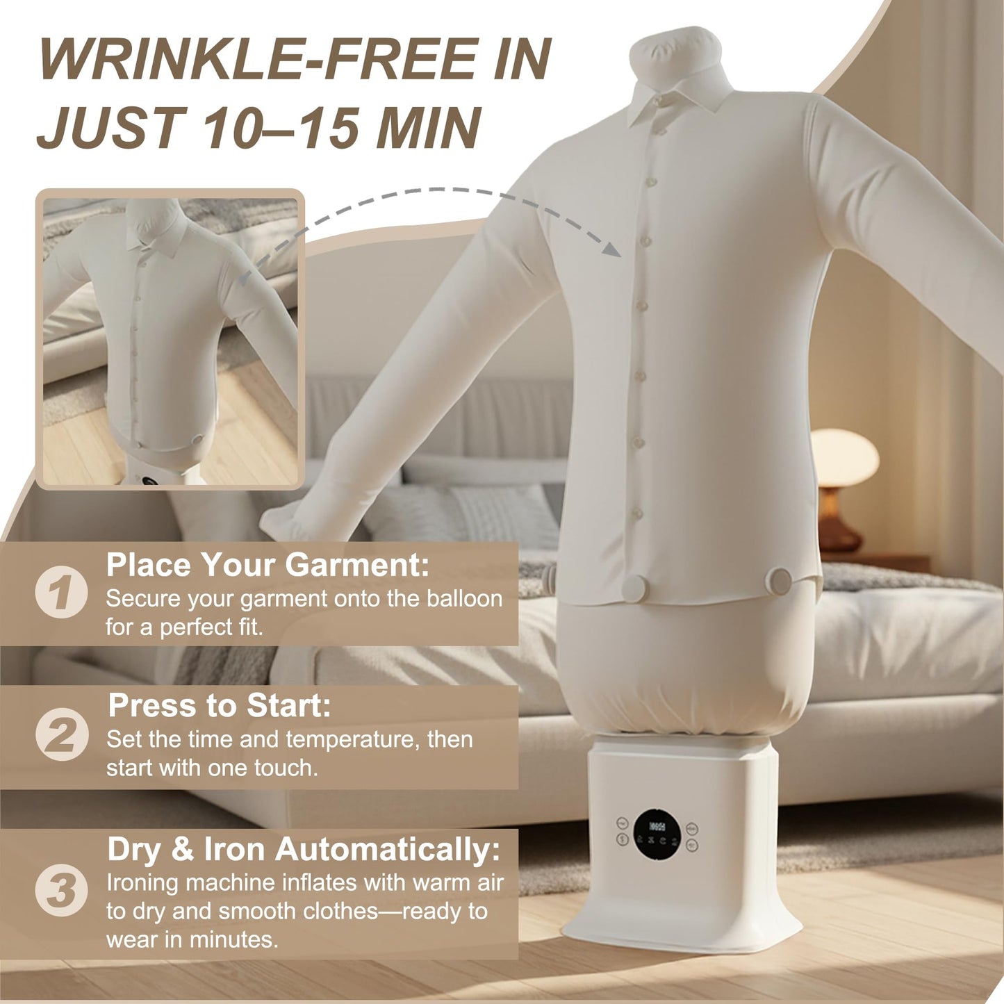 Automatic Ironing Machine 3.0, 3-in-1 Air & Steam Garment Dryer and Iron for Shirts, Pants, Dresses and More, Hands-Free Garment Care with Adjustable Time & Temperature, 1250W Fast Drying System