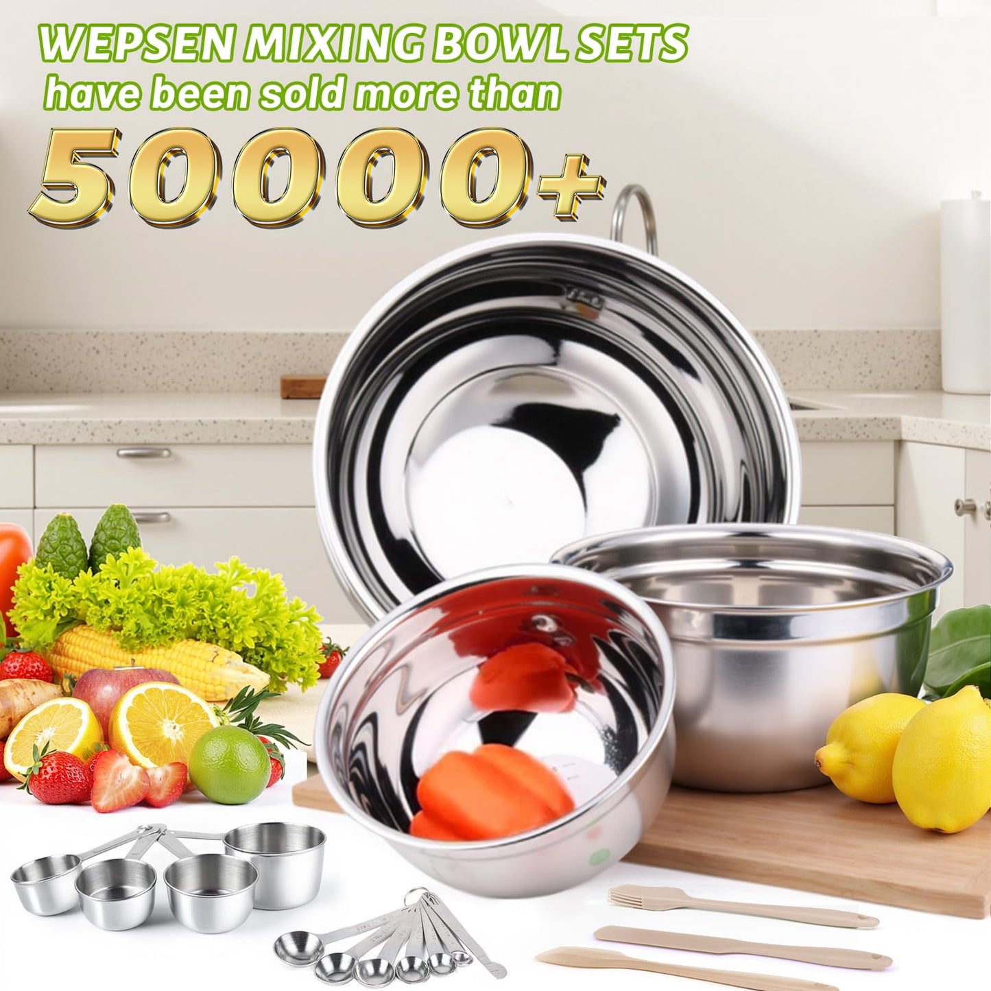 WEPSEN Mixing Bowls Set, 27PCS Khaki Mixing Bowls With Lids Set Stainless Steel Kitchen Large Nesting Metal Bowl 7QT to 1.5QT, Measuring Cups and Spoons for Prepping Cooking Serving
