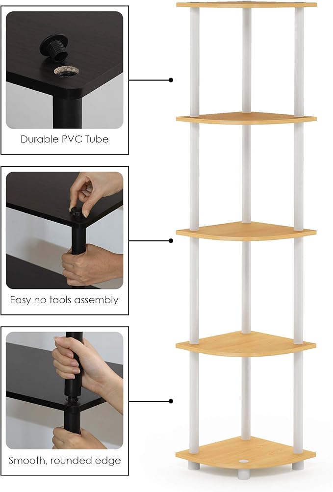 Furinno Turn-N-Tube Corner Shelf Set of 2, 5-Tier Corner Bookshelf, Open Storage Shelves, for Organization and Storage, Living Room, Home Office, Garage, Beech