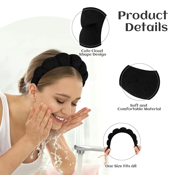 Women's Spa Headband for Face Washing, Makeup Removal, and Shower - Terry Cloth Puffy Sponge Headband with Hair Accessories (Black)