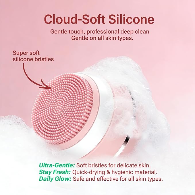 Electric Face Scrubber & Silicone Facial Cleansing Brush - Waterproof Sonic Face Brush Exfoliator with LED Screen, 3 Beauty Light Modes, Rechargeable Face Wash Brush for Deep Cleaning & Massage-Pink