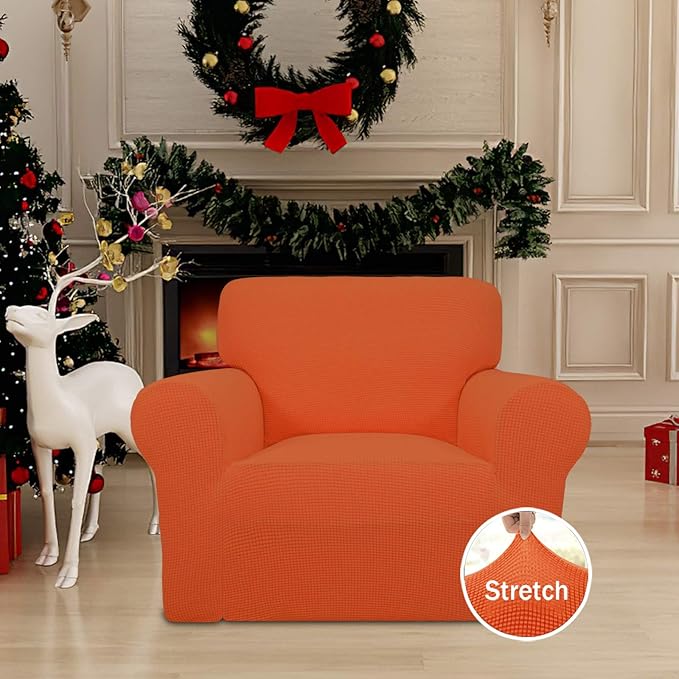 Easy-Going Stretch Chair Sofa Slipcover 1-Piece Couch Sofa Cover Furniture Protector Soft with Elastic Bottom for Kids, Pet. Spandex Jacquard Fabric Small Checks (Chair, Orange)