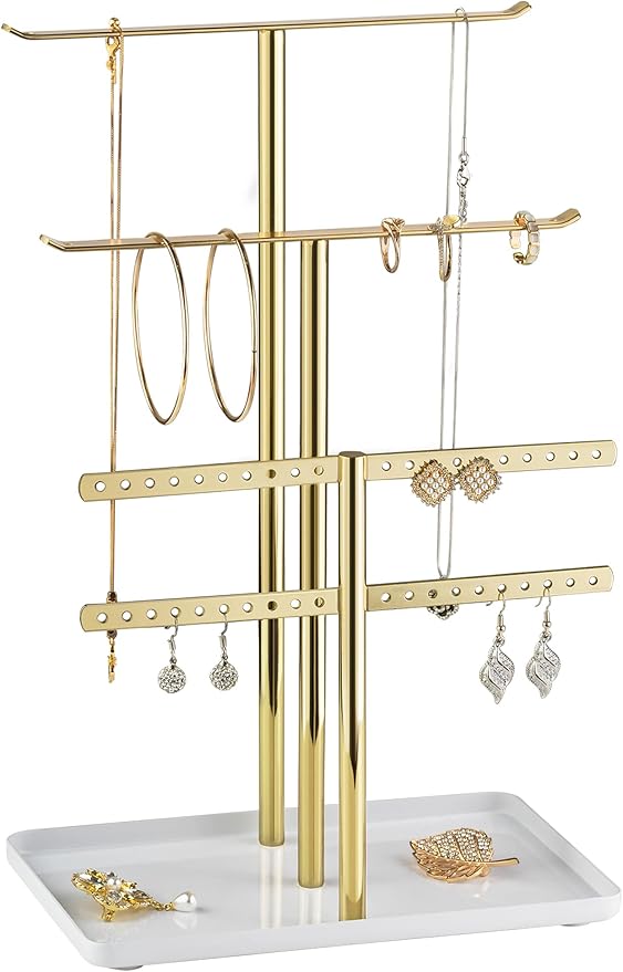 pickpiff Jewelry Stand Holder Organizer: 12.5" Sturdy Hanger for 80 Pcs Jewelry, Jewlery Tower for Display Necklace, Earring, Bracelet, Watch, Mirrored Gold