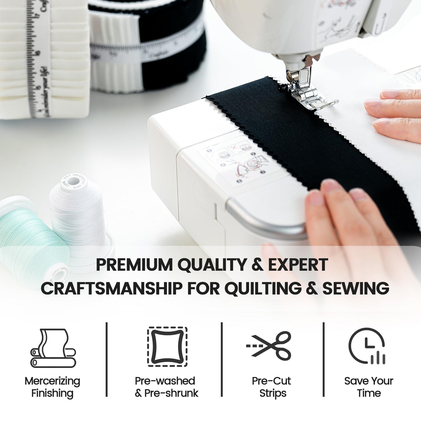 Craftido-18 Options-100% Cotton Jelly Roll Fabric Precut Strips for Quilting, Crafting, and Sewing, 40 Strips 2.5" x 44" Assorted Bundles for Rugs, Quilts, DIY Crafts and Home Decor-20 White+20 Black