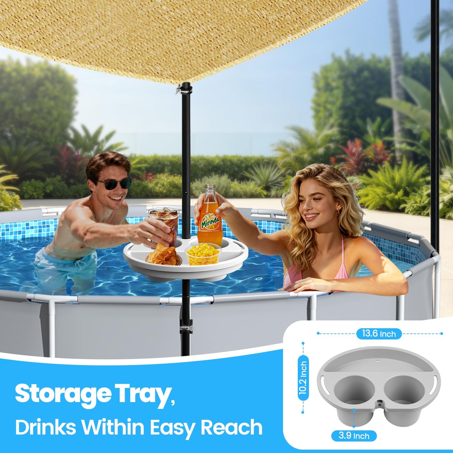 Vidoya Pool Shade Set for 11-16 Ft Above Ground Pools - UV-Resistant Shade Sail Triangular 10'x10'x10' with Storage Tray, Outdoor Sun Shade Canopy with Poles for Deck, Patio, Garden, Pool Accessories