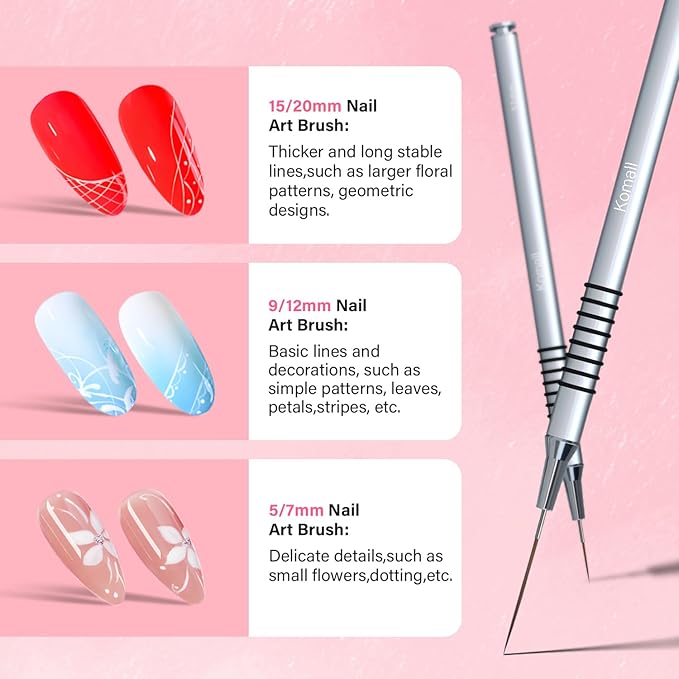 Metallic Nail Art Brushes, 6Pcs Non Slip Liner Brush Set, UV Gel Polish Painting Art Design Pen for Long Lines, Thin Details, Fine Drawing Sizes 5/7/9/11/20/25mm(Silver)