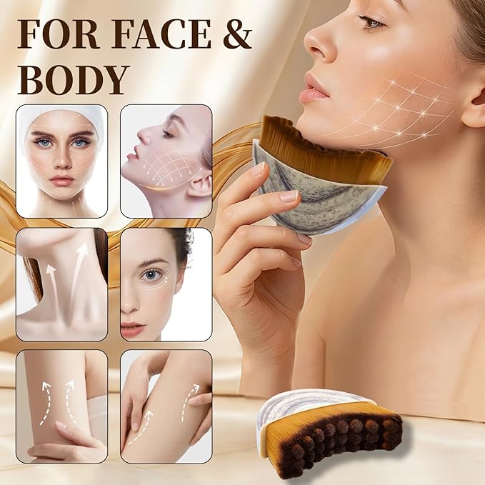 Lymphatic Contour Face Brush, Soft Bristle Drainage Massager for Jawline & Chin Sculpting, Reduce Puffiness & Lift Skin, Ergonomic Wood-Like Handle Dry Facial Brushes for Daily Lymphatic Drainage