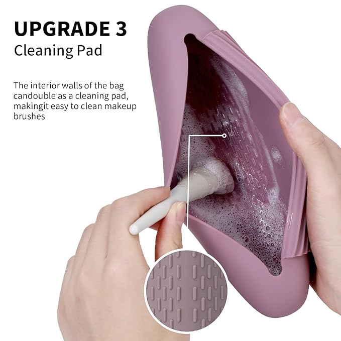 2 IN 1 Silicone Makeup Brush Holder with Beauty Make Up Sponge Holder Case：Soft Portable Cosmetic Face Brushes Holder with Upgrade Anti-Fall Out Magnetic Closure - Light Purple