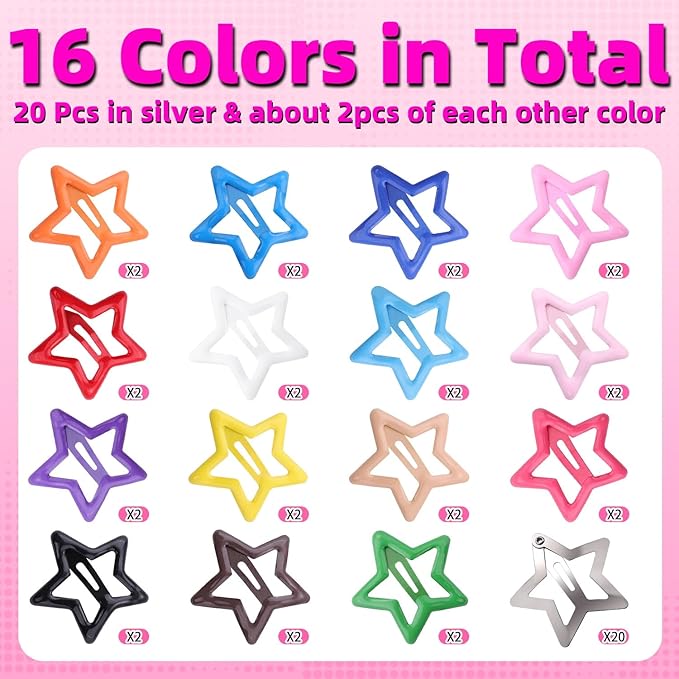 50 PCS Colorful Hair Clips Silver Star Hair Clips, 1.18 Inch Y2K Accessories Silver Snap Clip, Non-Slip Small Star Barrettes Accessories for Girls Women, Cool Ornament Set for Rave Decor