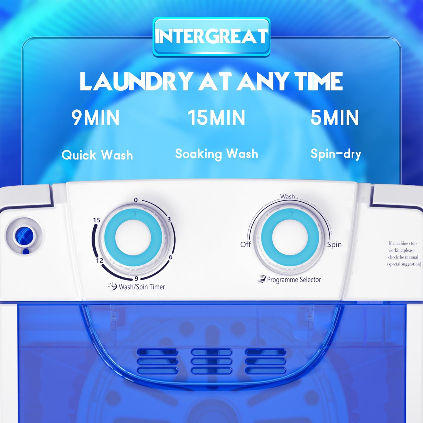 INTERGREAT Portable Washing Machine, 6.6 Lbs Mini Washer Machine, Single Tub Laundry Small Washer for Apartments, Dorms, RV, Traveling (Blue)