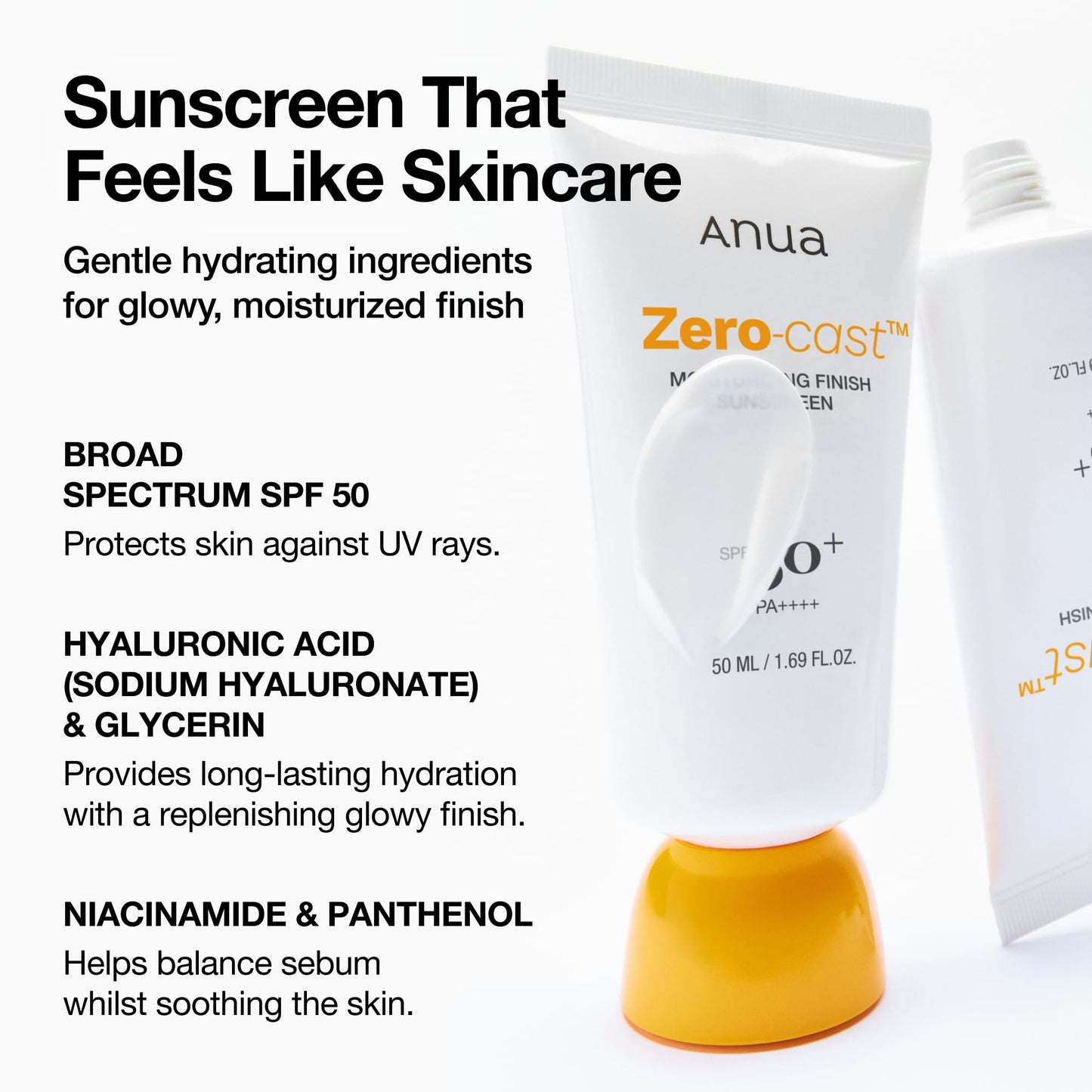 Anua, Zero-Cast Moisturizing Sunscreen SPF 50, Glow Natural Sunscreen for face, No White Cast, Hyaluronic Acid, Niacinamide, Oil-Free, Korean Skincare, 1.69 fl oz