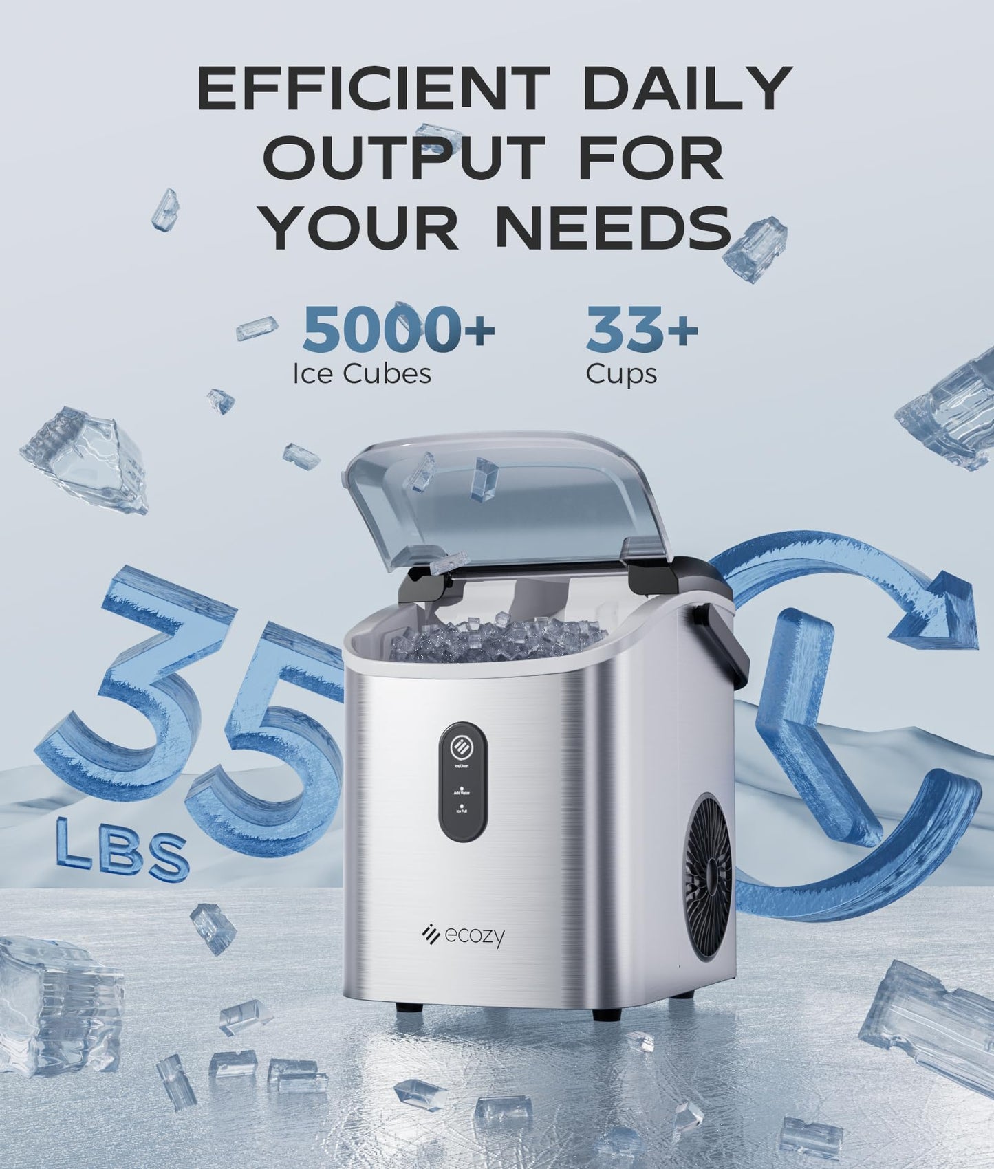 ecozy Nugget Ice Maker Countertop, Smart Portable Crushed Ice Maker with Voice Control, Pellet Chewable Ice 33lbs/24H, Self-Cleaning, with APP WiFi, Timer Function and Status Alerts, Bonus TDS Meter