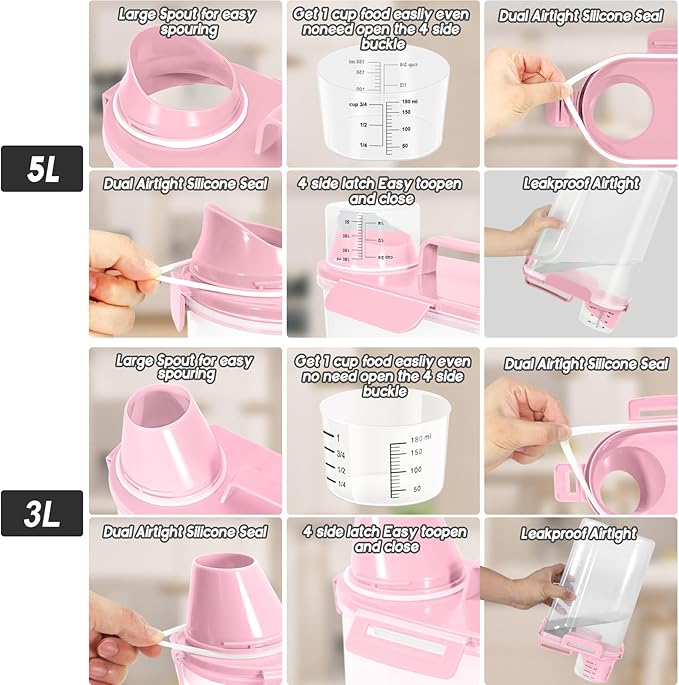 5Lbs Airtight Cat Dog Food Storage Container with Upgraded Large Nozzle BPA-Free, Pet Food Storage Containers for Rice, Grain, Pet Food, Flour, Dog Treat Storage (Light Pink, (3L+5L)-2pack)