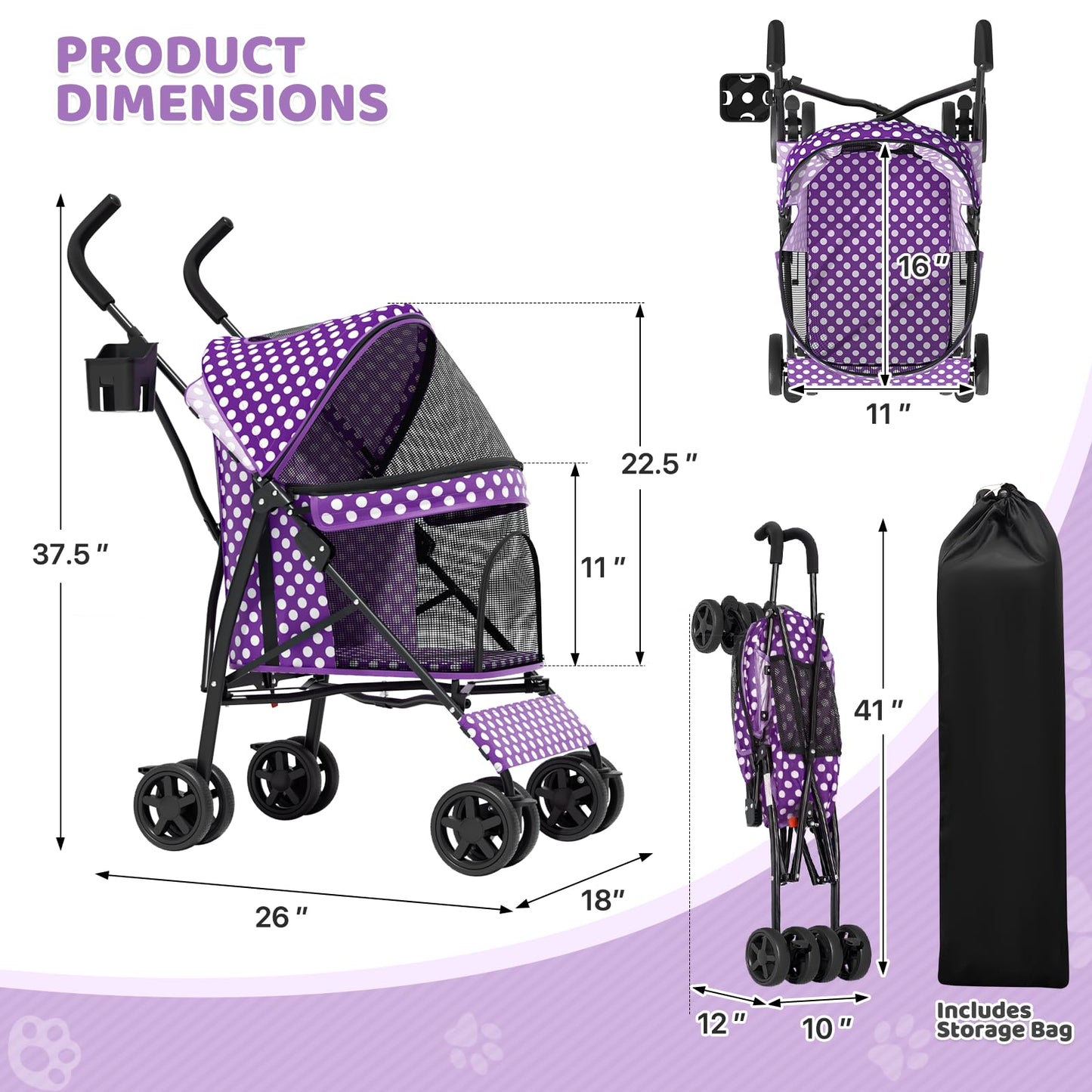 Magshion Compact Pet Stroller for Small-Medium Dogs/Cats up to 22lbs, 4-Wheel Lightweight Umbrella Shaped Portable Puppy Travel Jogger w/Breathable Mesh, Cup Holder & Rear Storage, Purple Polka Dots