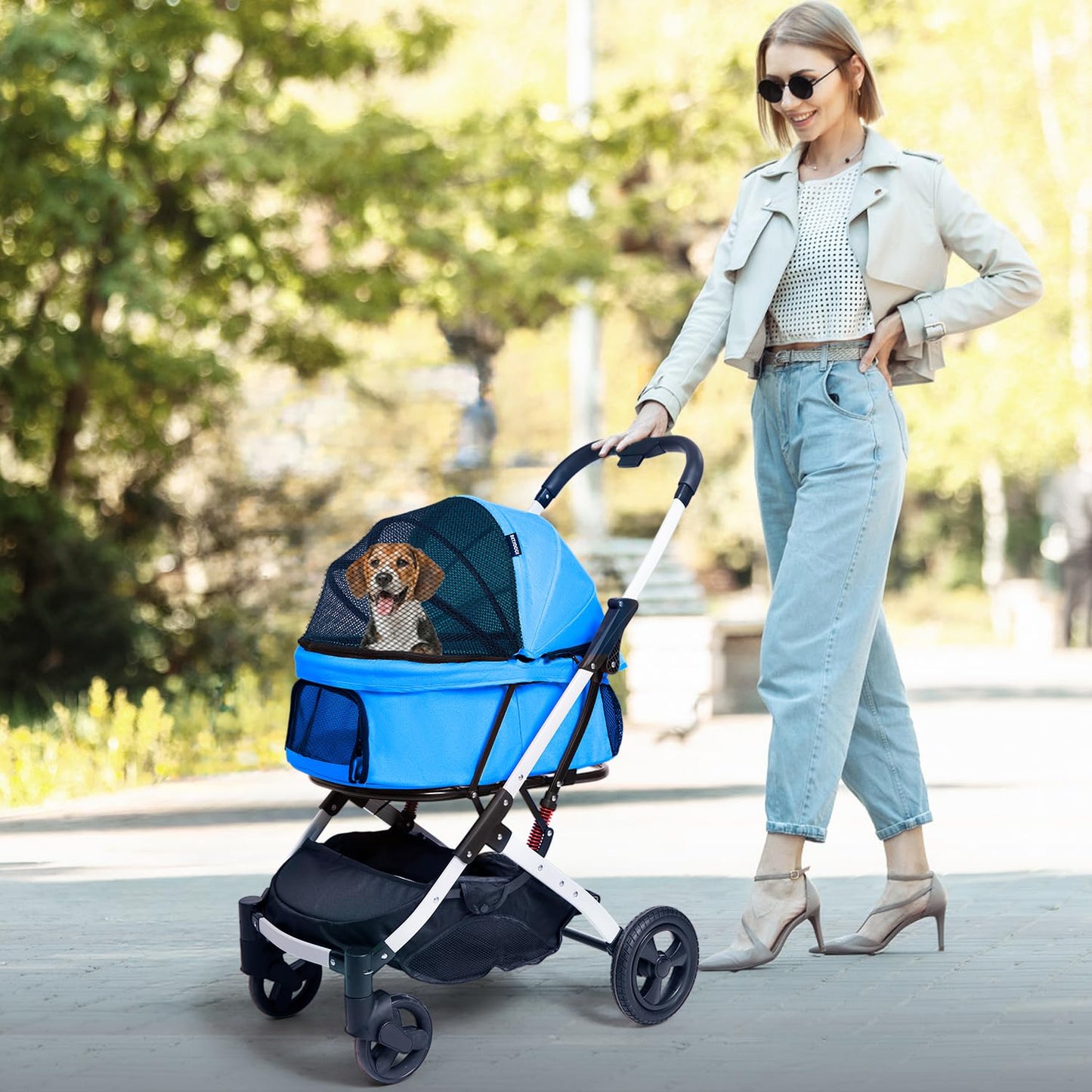 BETSOCCI Pet Stroller for Medium Small Dog & Cat, Foldable Lightweight Dog Stroller with Storage Basket Pet Travel Carriage with Safety Leashes, 4 Wheel, Blue