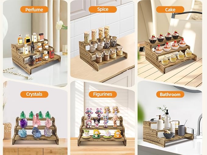 Wooden Cologne Organizer for Men, Perfume Organizer Stand, Cologne Stand with Anti-Slip Washers, Wooden Display Risers Stand for Dessert, Cupcake, Charcoal-Grilled, 3-tier-11.8in