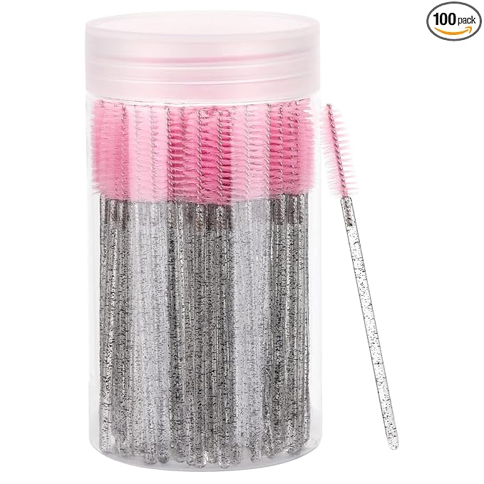 100 Pcs Disposable Eyelash Brush, Mascara Wands Makeup Brushes Applicators Kits for Eyelash Extensions, Eyebrow Brush with Container (Pink, Black)