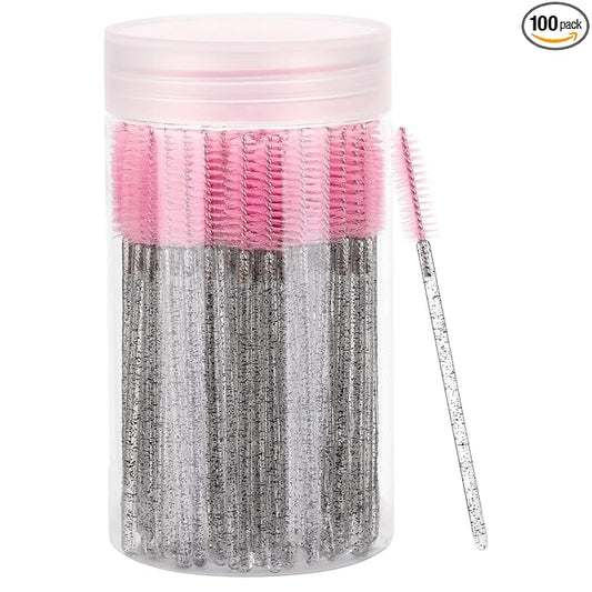 100 Pcs Disposable Eyelash Brush, Mascara Wands Makeup Brushes Applicators Kits for Eyelash Extensions, Eyebrow Brush with Container (Pink, Black)