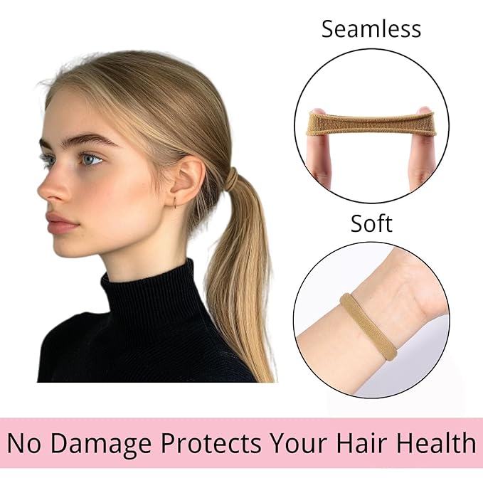 LuSeren 120 Pcs No Damage Hair Ties for Thick Hair, Large Soft Seamless Nylon Hair Elastics for Women, Ponytail Holders, Hair Accessories Ã¢ÂÂ Light Brown