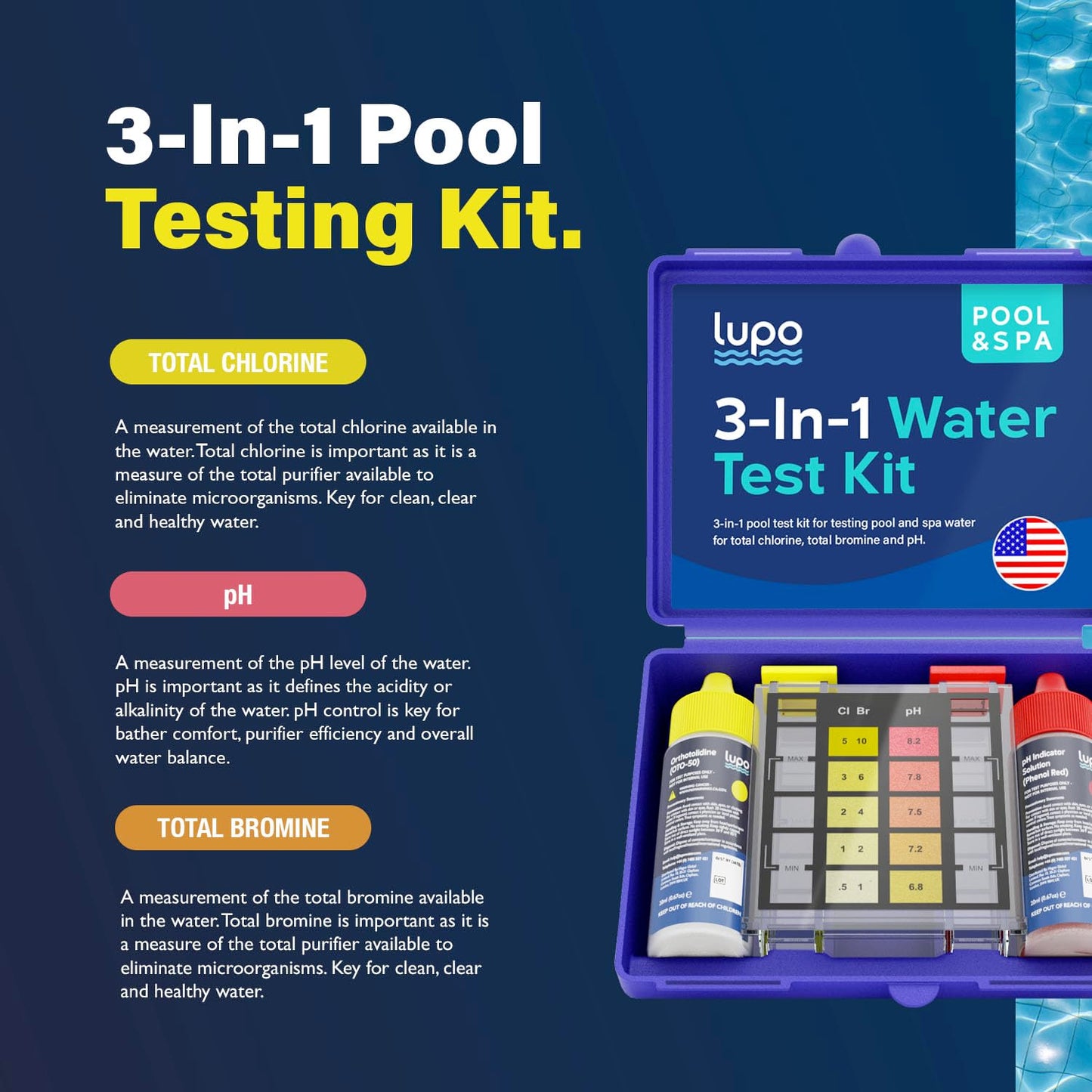 Lupo 3-in-1 Pool Test Kit | Pool Testing Kit for Residential Swimming Pools & Spas for Testing Total Chlorine, Total Bromine & pH | Pool Chemical Test for Quick & Accurate At-Home Pool Water Testing
