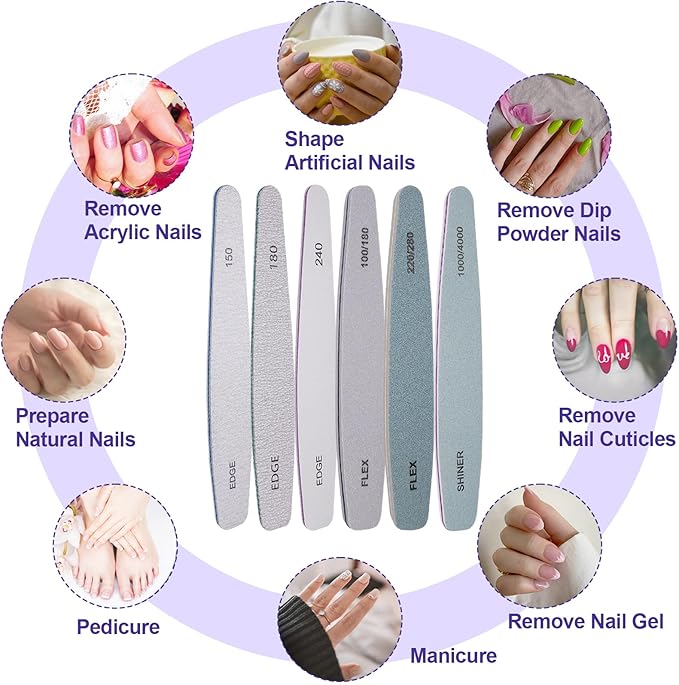 Nail File and Buffer Set, 6 Pcs Professional Nail File Kit for Acrylic and Natural Nails, 100/150/180/220/240/280/1000/4000 Grit Soft Nail Filer Gel Nail Files & buffers Filing Emery Board Home Salon