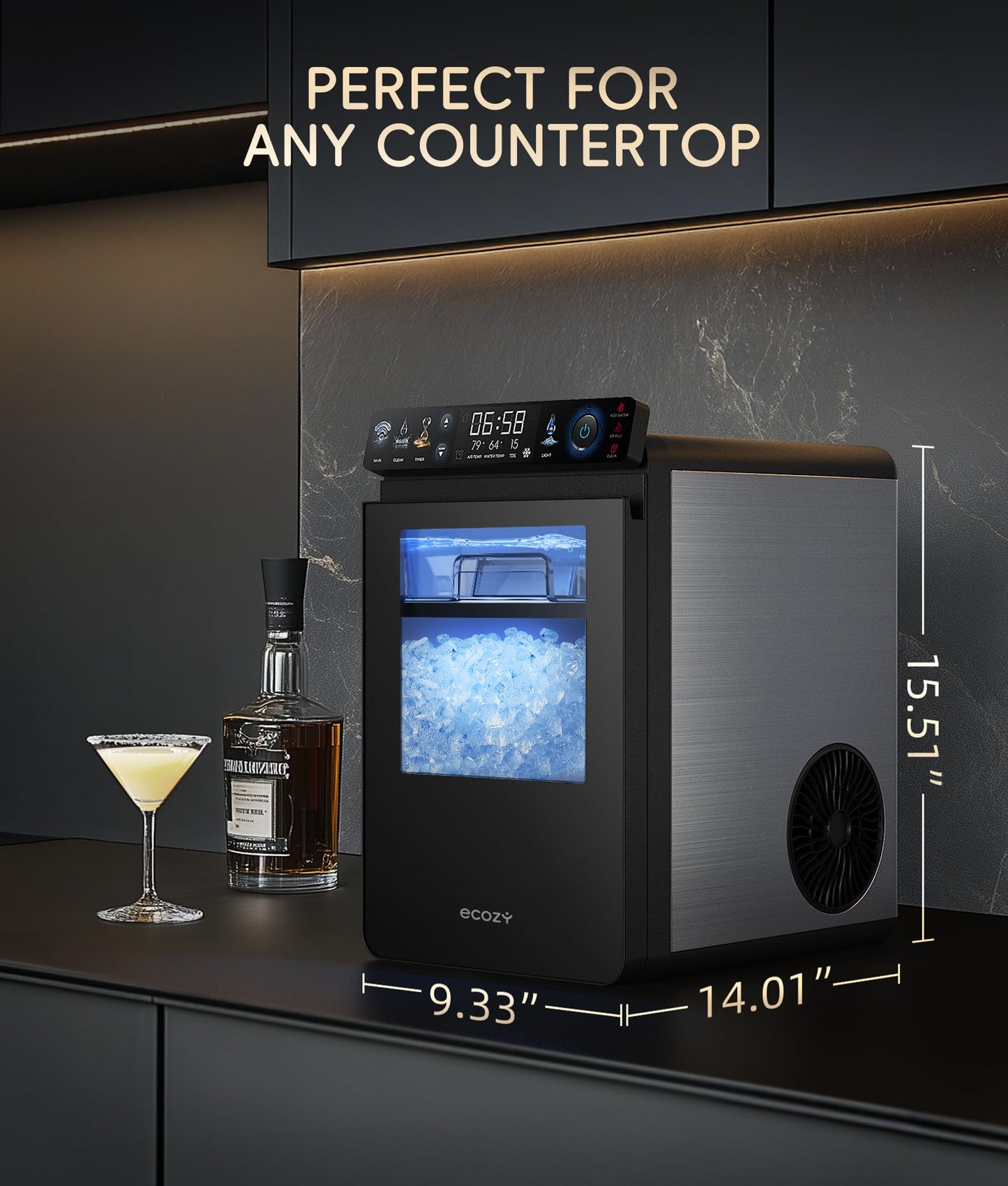 ecozy Smart Nugget Ice Maker Countertop, First Full-Color Smart Panel Ice Machine with APP Control, Double-Layer Insulation, 44 lbs/24H Soft Pellet Chewable Ice, Pull-Out Water Tank, Self-Cleaning
