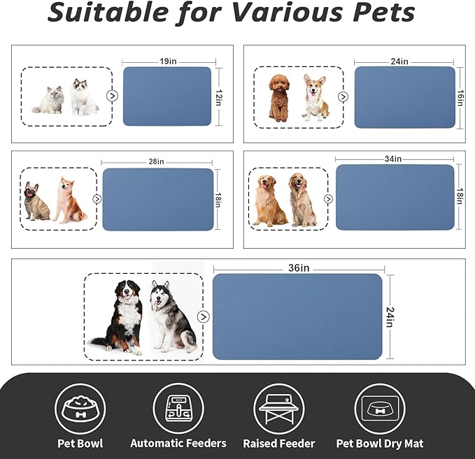 Dog Food Mat - Absorbent Cat Mat for Food and Water, No Stains Pet Feeding Bowl Mat, Easy to Clean Pet Placemats, Quick Dry Dog Water Dispenser Mat for Messy Drinkers | Blue 18"x34"