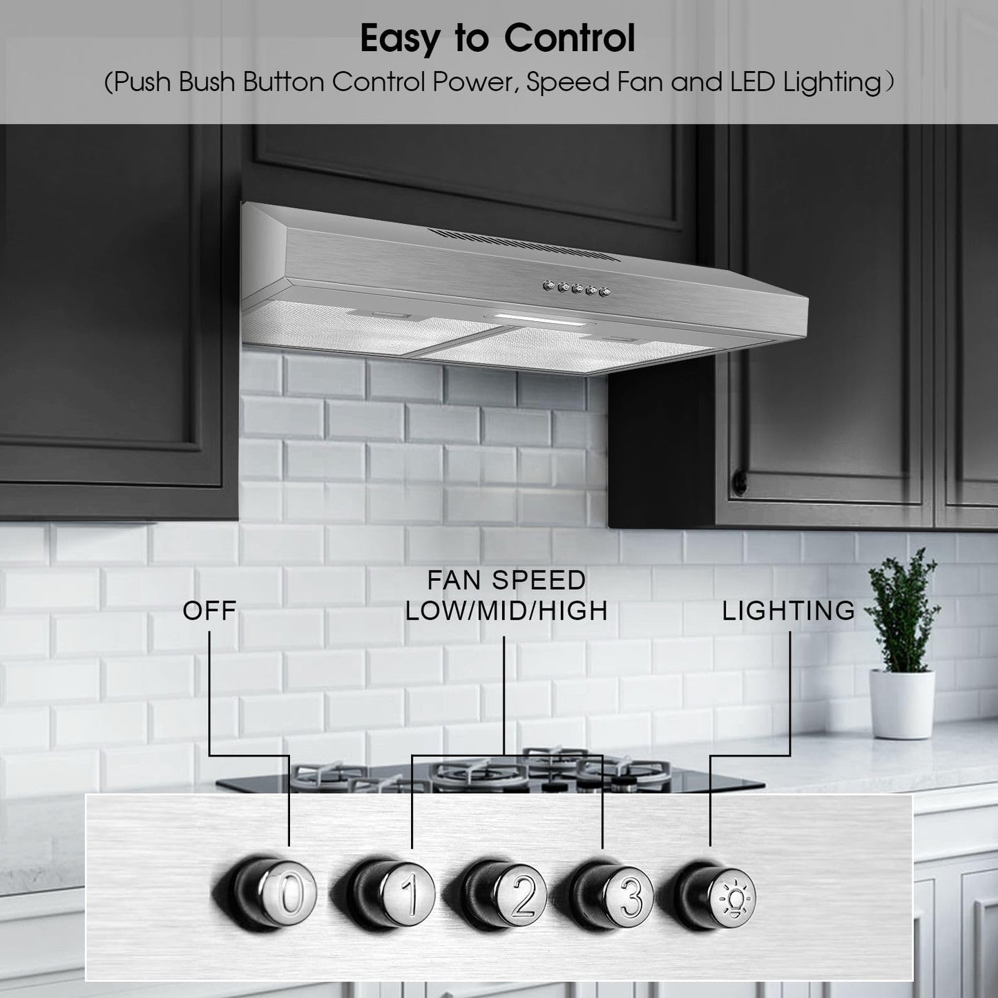 Zomagas Range Hood 30 inch Under Cabinet, Stainless Steel Range Hood 280CFM, Slim Kitchen Stove Hood w/Push Button, Ducted/Ductless Convertible Duct, 3 Speeds Exhaust Fan, LED Light and Carbon Filter