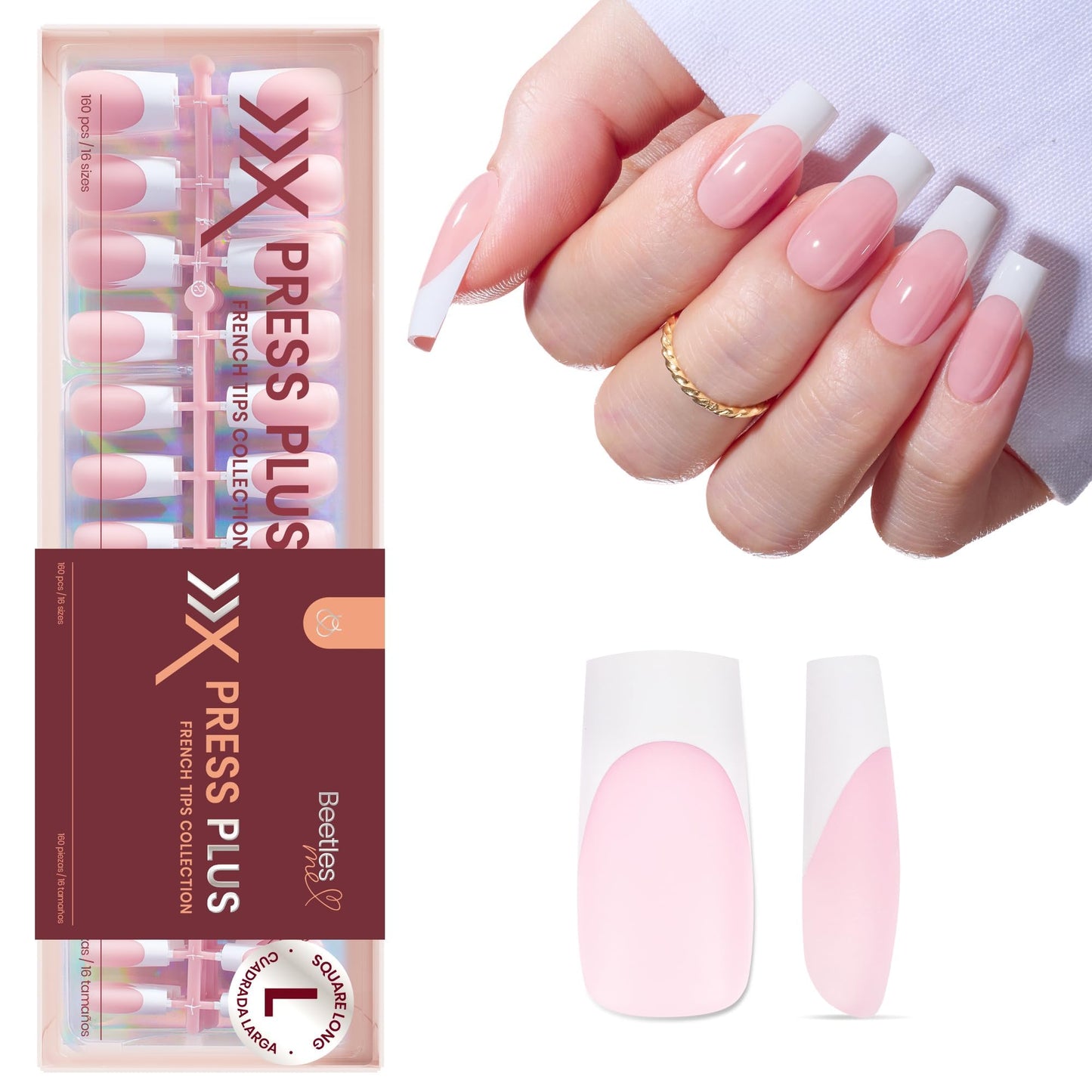 Beetles X Press Plus French Tip Nails - Candy French | Pink Long Square Press On Nails | 16 Sizes 160 Pcs Natural Salon Quality Gel Nail Tips